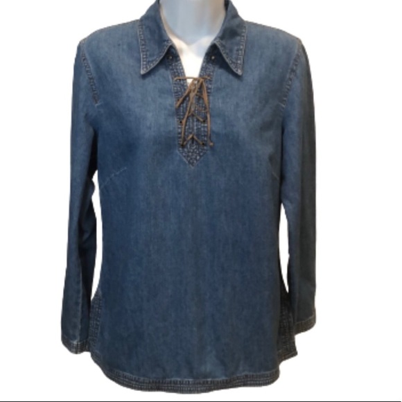 Ann Taylor Tops - ANN TAYLOR 💯% cotton denim tunic top•front lacing•long sleeve•size 8